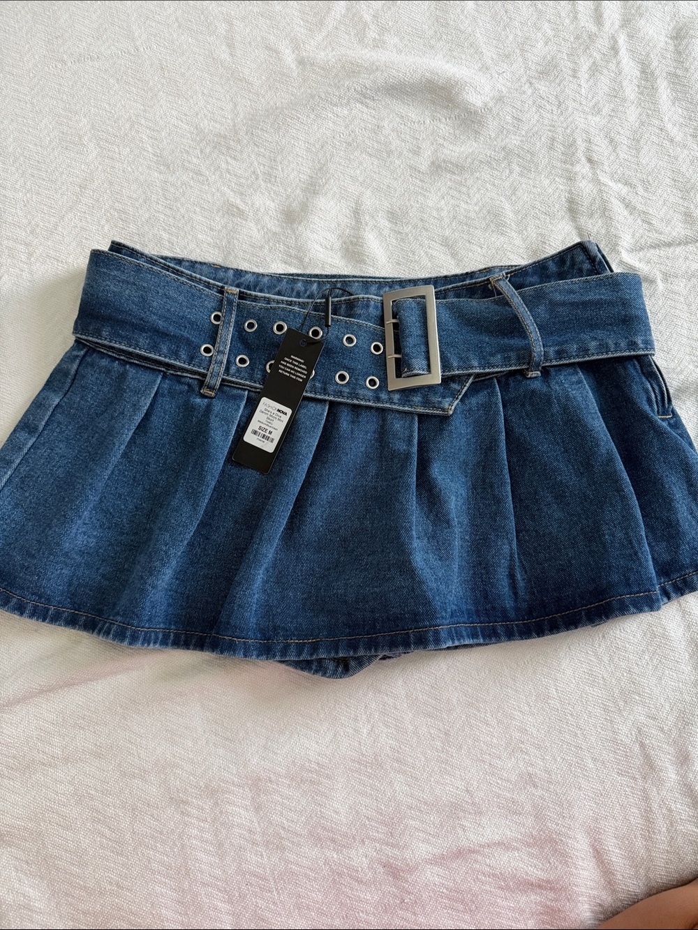 Fashion Nova Dark Blue Pleated Denim Mini Skirt with Buckle Belt